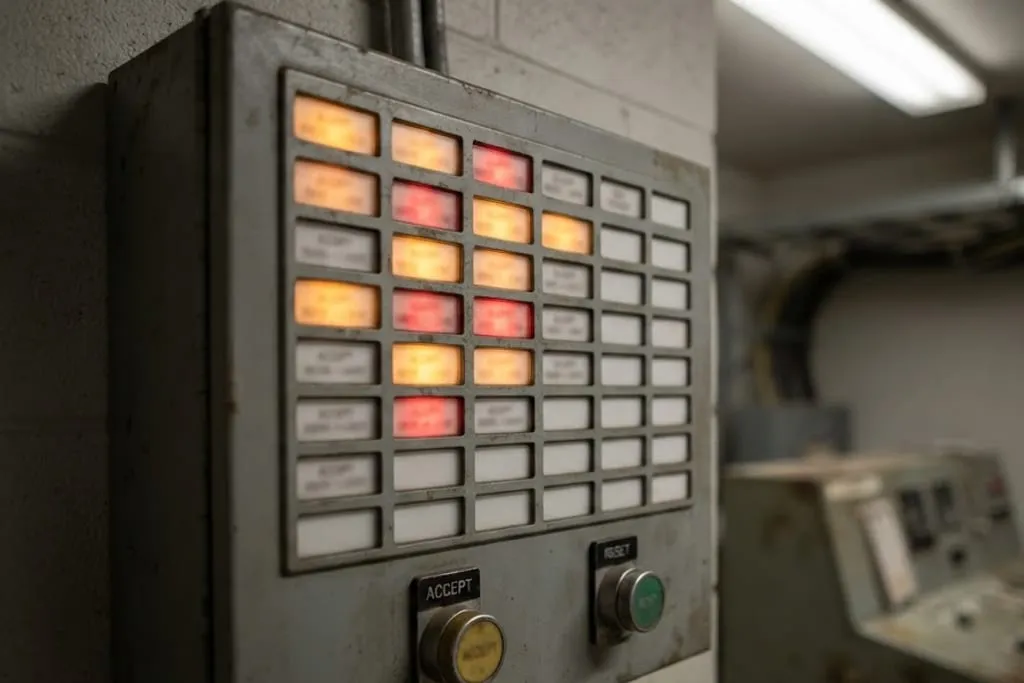 A wall-mounted alarm annunciator panel in a plant control room, a grid of backlit rectangular windows with roughly a third illuminated in amber and red and the rest dark, accept and reset pushbuttons below the grid.