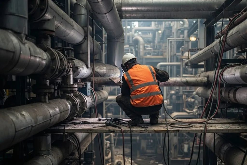 A welder working in a cramped crouched posture on a narrow boarded scaffold platform wedged inside dense congested pipework, seen from behind so the arc is shielded, with cables and hoses trailing down past the platform and very little clear space in any direction.