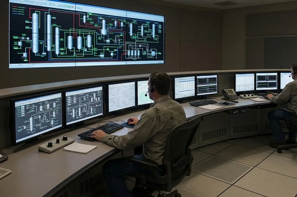 A plant control room with two operators seated at a curved console of flat screens showing process graphics, and a large wall-mounted overview display of a schematic behind them.
