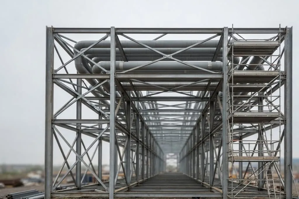 A steel pipe rack photographed along its length, the upper tier already carrying several large insulated lines while the lower tier stands completely empty, with a scaffold erected to full height tight against one bay of it and the structure running away into the distance under flat overcast light.