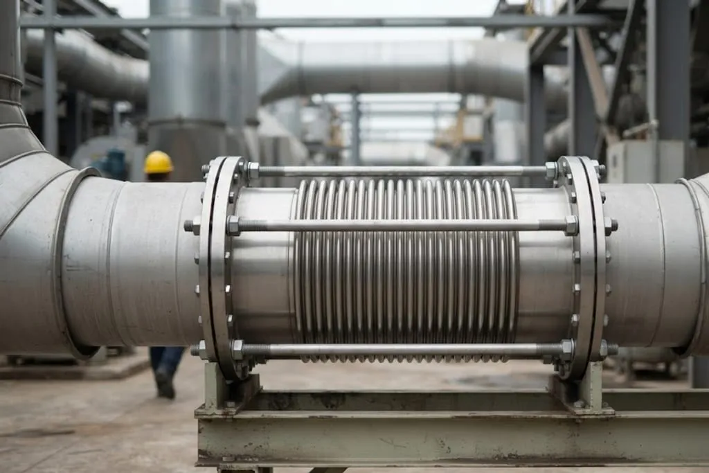 A tied bellows expansion joint in a large horizontal duct. The stainless convolutions are exposed between two flanged ends, and four heavy tie rods run the full length of the joint outside the convolutions, each with a nut and washer bearing on the end plates. A painted steel frame supports the joint from below.