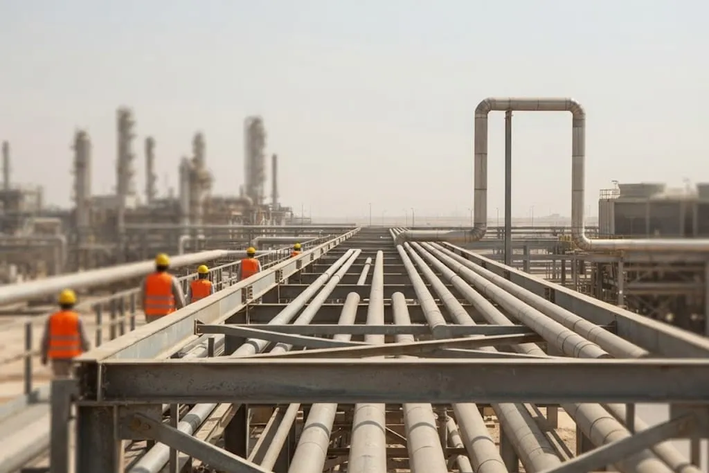 An outdoor pipe rack in a desert plant, carrying a dozen parallel lines that run away from the camera towards a process unit on the horizon. One line on the right breaks out of the straight run, turns upward through a right angle, rises several metres clear above the rack, runs a short distance horizontally and drops back down to rejoin the run, forming a tall squared-off detour standing against an open sky. Four workers in hard hats and high-visibility vests walk away along a walkway beside the rack.