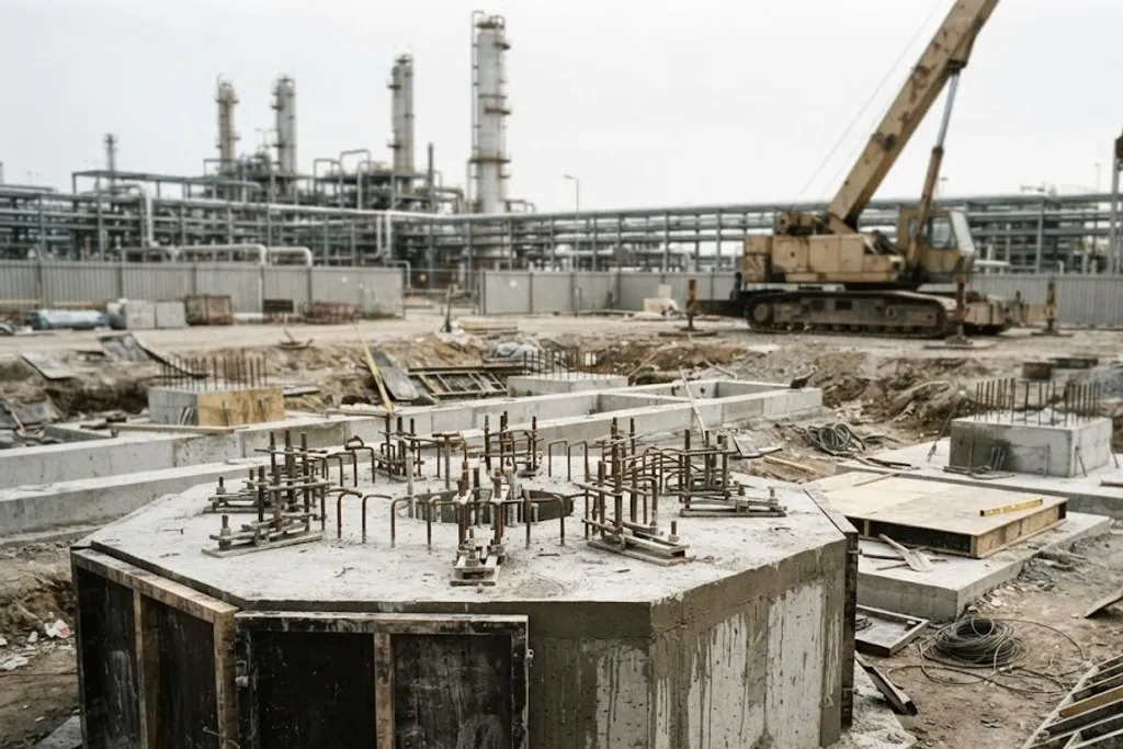 Reinforced concrete equipment foundations under construction in a process plant, with shuttering partly struck and holding-down bolt cages and rebar protruding from the poured concrete.