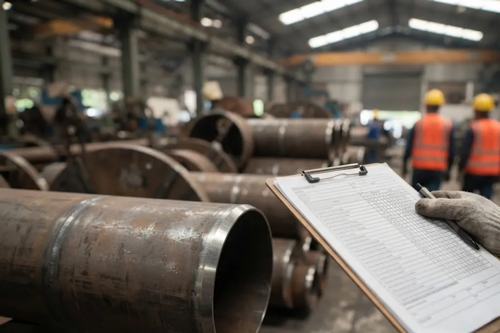 A clipboard held up in a fabrication shop, carrying a printed form of ruled columns and tick boxes that reads clearly as a structured document. A gloved hand holds a pen against it. In the foreground a large pipe spool lies on stands with its machined bevel bright at the end, further spools recede behind, and two workers in hard hats and high-visibility vests stand at a distance under the shop roof lights.