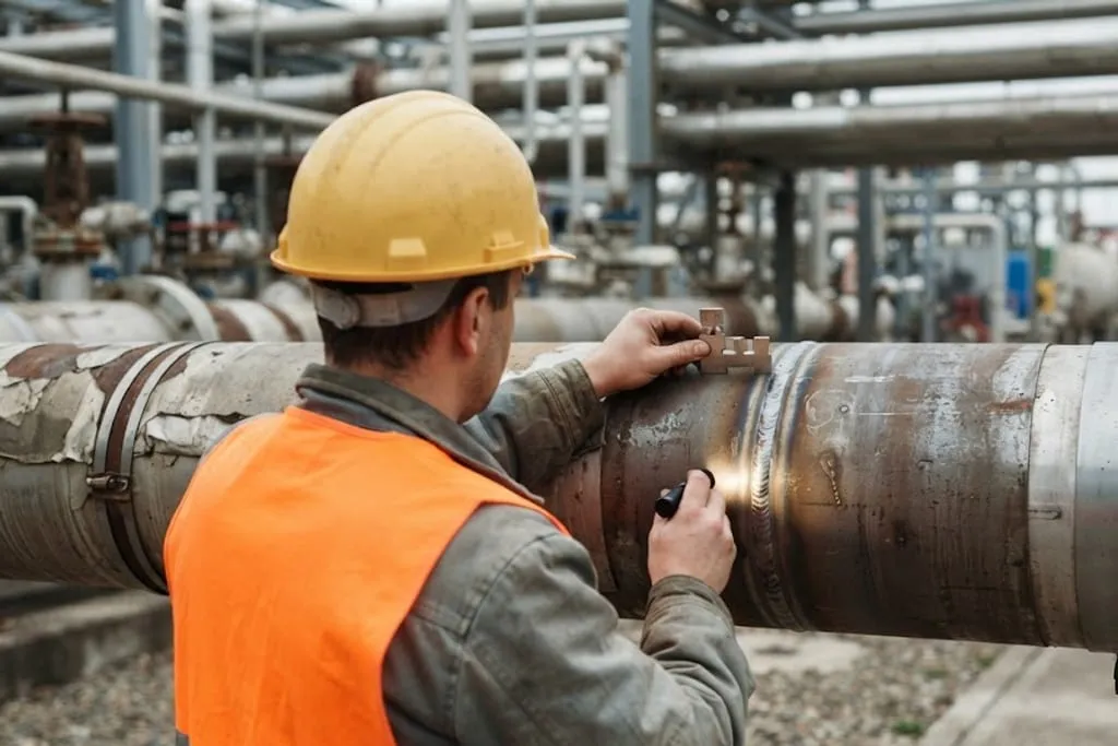 An inspector in a hard hat and high-visibility vest, seen from behind and slightly to one side, holding a small weld gauge against the cap of a girth weld on a large horizontal pipe at chest height. A torch in the other hand throws a raking light across the weld, picking out the bead and its toes. A process unit of pipework recedes behind.