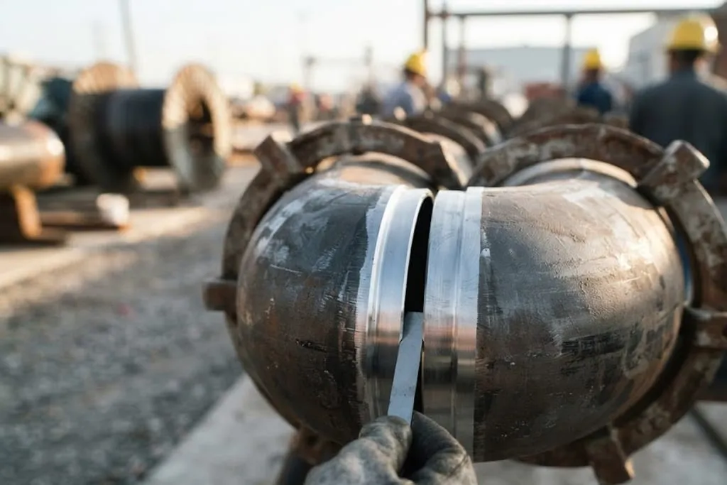 Two large pipe ends brought together ready for welding and held in alignment by heavy external clamps, the machined bevels on both ends bright against the darker pipe body. A gloved hand holds a feeler gauge blade into the root gap between the two root faces. Pipe stacks, a cable drum and workers in hard hats are out of focus behind in a yard at low sun.