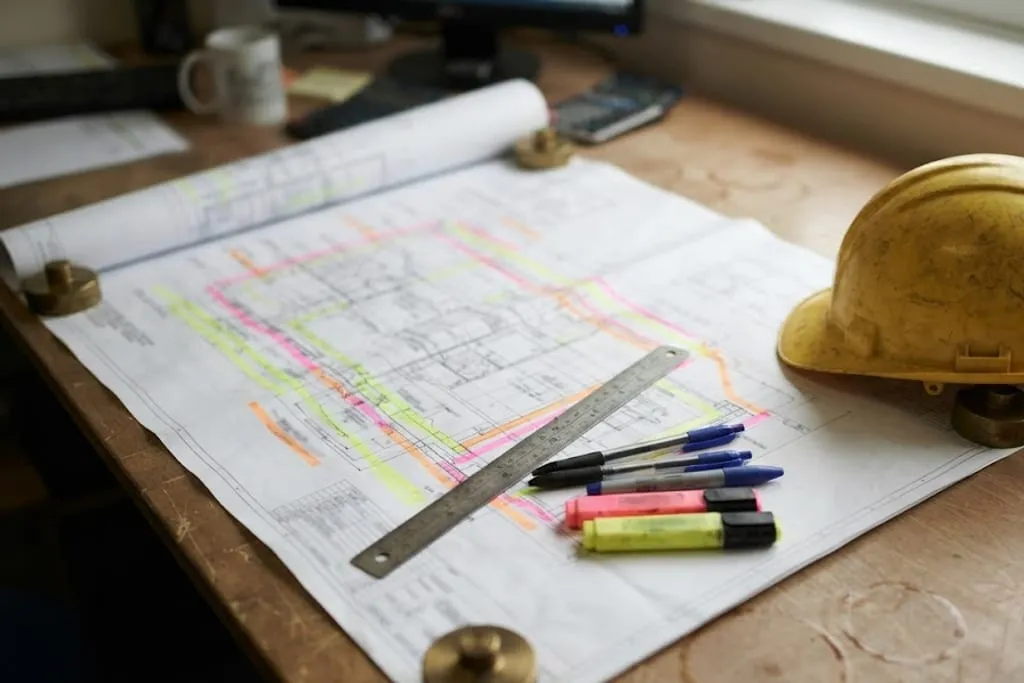 A large engineering drawing spread open on a plant office table, marked up in pink, orange and yellow highlighter with boundary lines and annotations, a steel ruler, pens and highlighters lying across it and a weathered hard hat beside it.