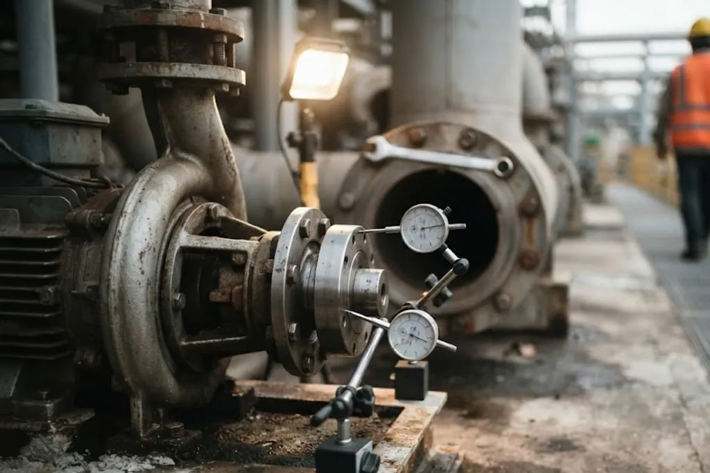 Two magnetic-base dial indicators set up against the exposed coupling between a pump and its driver on a grouted baseplate, their stems resting on the machined hub. Behind them the suction pipework flange has been broken open, with a spanner lying across the exposed flange face and the bolts slack. A work lamp lights the scene from one side.