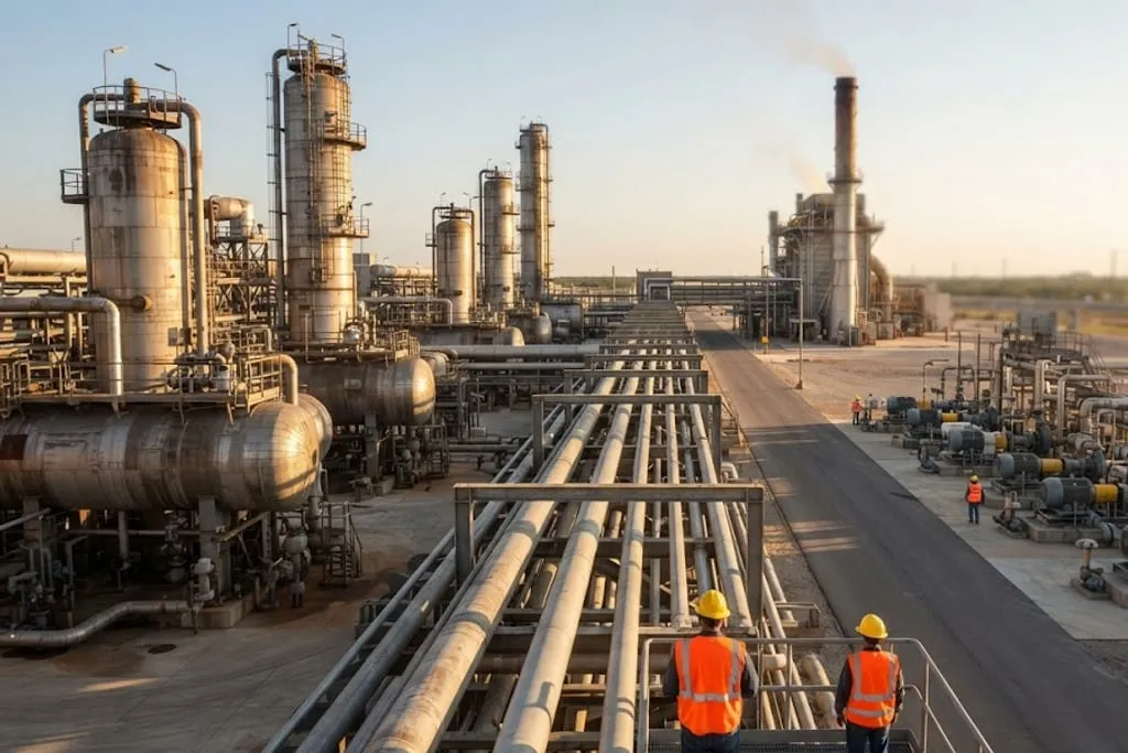 An elevated view across a process unit at the end of the day. A pipe rack carrying many parallel lines runs away through the centre of the frame. Columns, vessels and horizontal drums are ranged on one side of it; rows of pumps at grade stand on the other, beyond a paved roadway running alongside the rack. A fired heater with a tall stack stands well clear in the distance. Two workers in hard hats and high-visibility vests look out over the rack from a platform in the foreground.