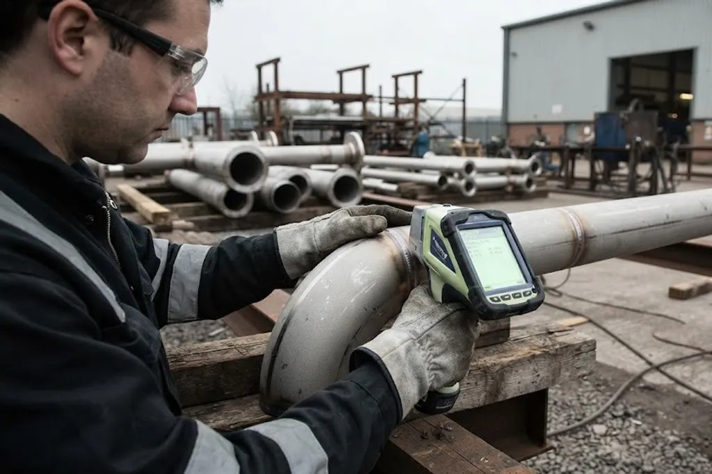 A technician holding a handheld X-ray fluorescence analyser against a stainless steel pipe elbow in a fabrication yard, with pipe spools stacked on timber bearers behind.