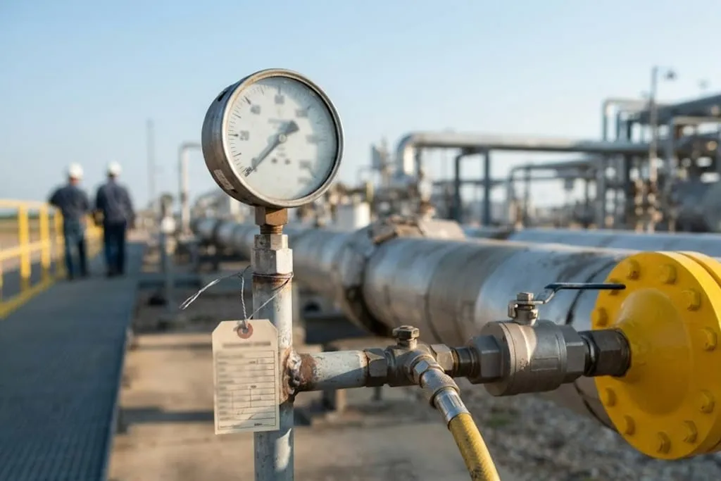 A pressure gauge mounted on a short standpipe at a test point on a pipeline, with a calibration tag wired to the pipe below it and the gauge dial angled towards the camera. A yellow temporary hose runs from a connection beside it and a ball valve sits in the line, with a bright yellow painted blind flange bolted across the pipe further along. Two workers walk away along a grated walkway in the distance.