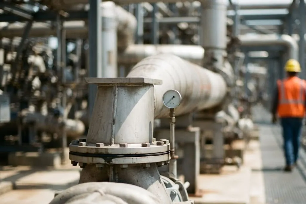 Pump-area pipework at grade in a process unit. A flanged tapered spool rises from a bolted joint, with a small local pressure gauge mounted on a short standpipe beside it. A larger insulated line runs away behind, and a row of further pumps recedes into the distance along a paved aisle.
