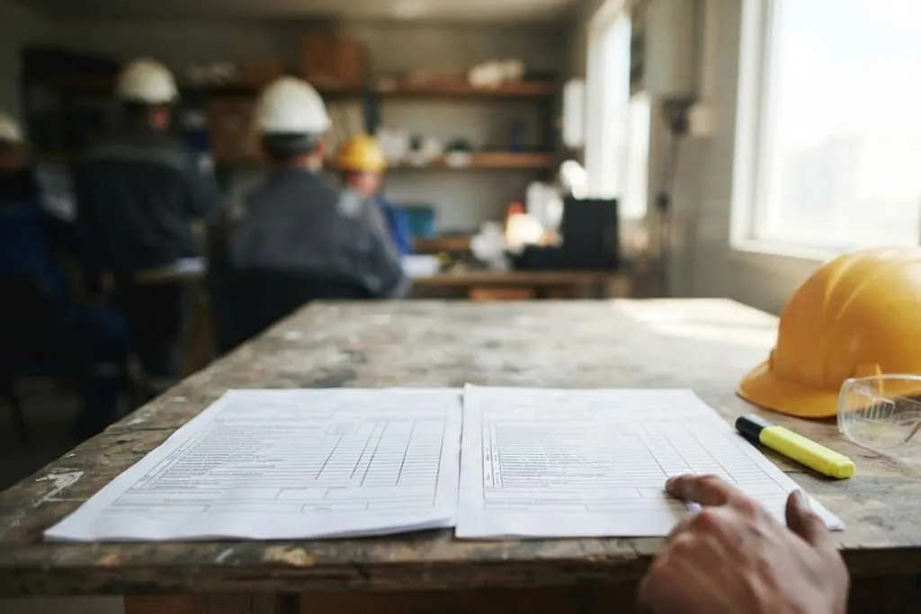 Two multi-page printed documents laid side by side and slightly overlapping on a scarred timber table in a site office, both showing ruled boxes and columns. A hand rests on the edge of one of them, a yellow highlighter lies uncapped between them, and a hard hat and safety glasses sit at the end of the table. Bright window light falls across the papers, with workers out of focus beyond.