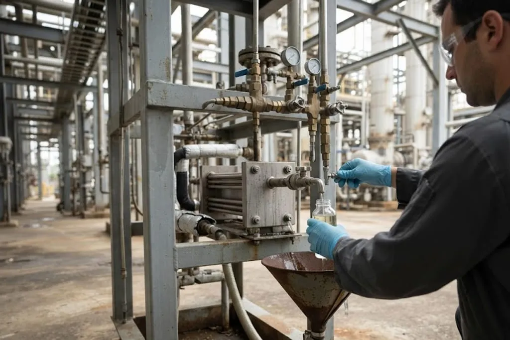 A process sampling station on a plant with a sample cooler, isolation valves and a drain funnel, and a technician in blue gloves and safety glasses drawing liquid into a small glass sample bottle.