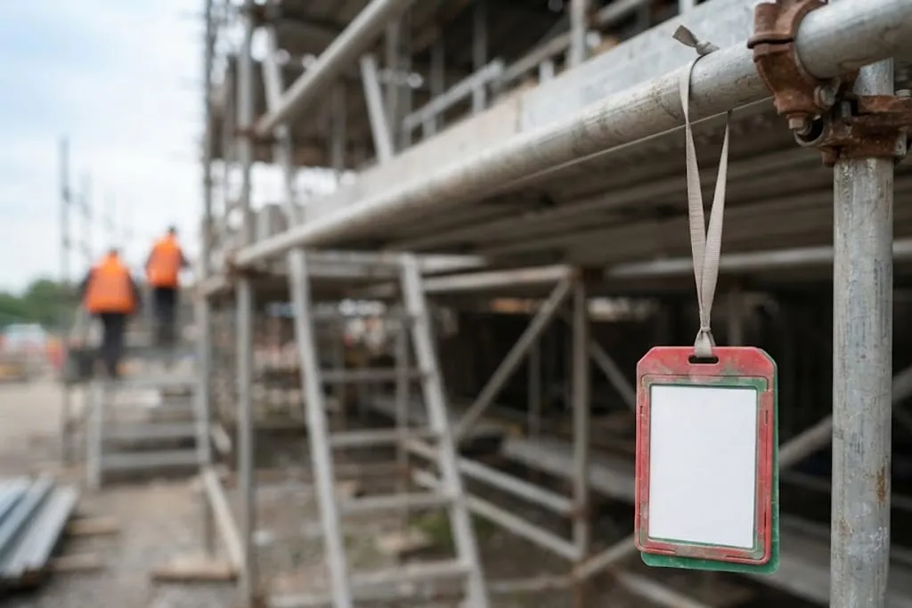 A scaffold tag holder in a red and green plastic sleeve hanging on a lanyard from a horizontal scaffold tube at the access point, the card inside it blank, with the ladder access and boarded lifts of the scaffold receding out of focus behind it.
