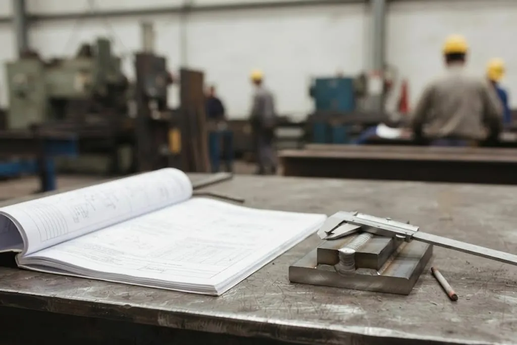 A thick bound procedure document lying open on a steel bench, its pages showing ruled tables and a joint sketch. Beside it sits a short welded test coupon that has been sectioned, with a vernier caliper resting across the cut face and a stub of welding electrode alongside. Behind, machine tools and workers in hard hats are out of focus in a fabrication shop.
