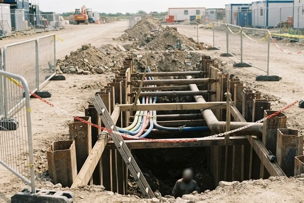 A deep excavation with steel trench boxes holding the walls apart, an existing buried duct and pipe exposed in the trench wall, a ladder to the bottom, spoil heaped well back from the edge and barriers around the opening.
