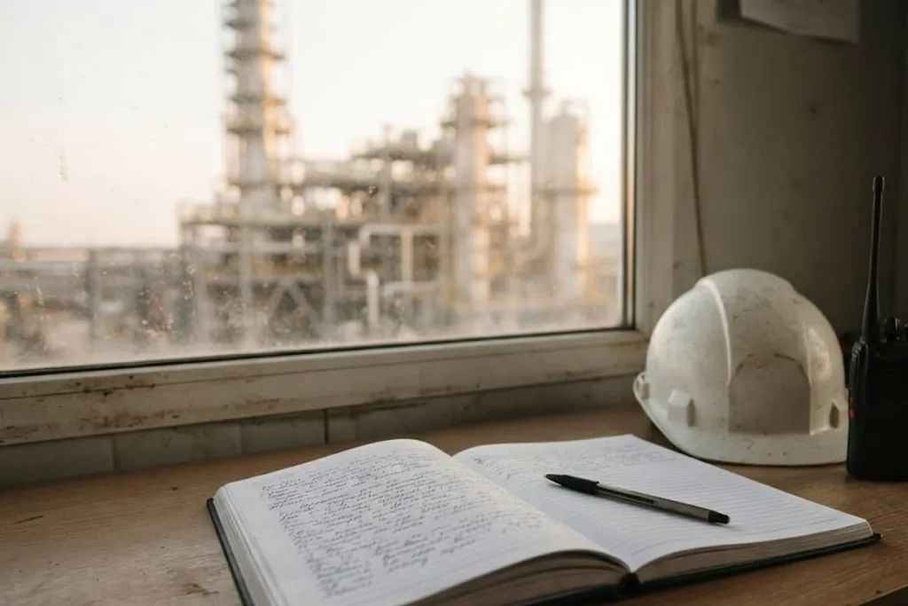 A hardbacked ruled diary lying open on a desk in a site cabin with a pen resting across the page and the handwriting visible but unreadable, a hard hat and a two-way radio set to one side, and a window beyond showing process plant structure in soft focus at dawn.