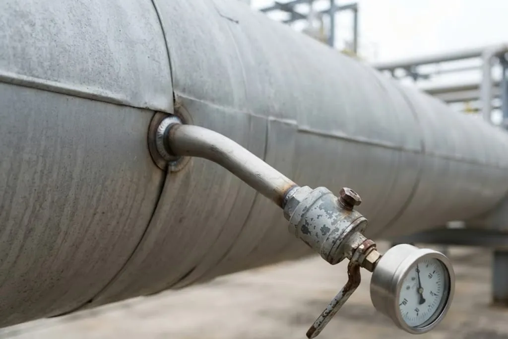 A small-bore branch connection welded directly to a large insulated process line, running out to an isolation valve and a pressure gauge on the end of an unsupported stub, with the branch weld visible at the parent pipe.