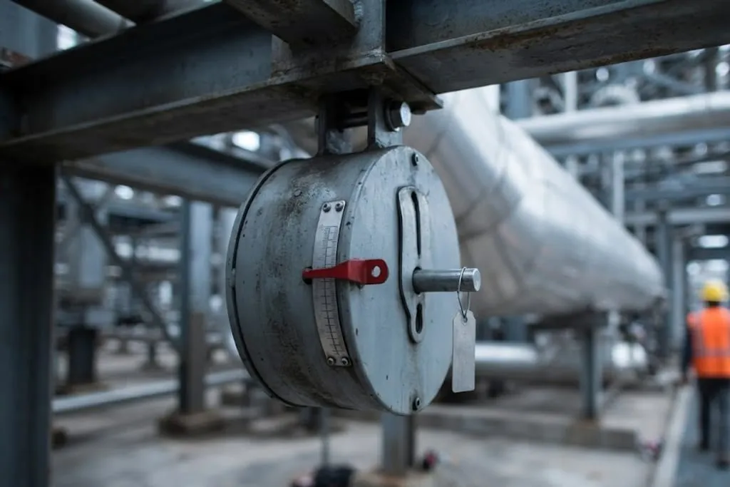 A variable effort spring hanger suspended on a rod from overhead steelwork in a process unit. The cylindrical casing is seen from the side, showing a graduated load scale plate with a red pointer against it. A bright unpainted travel stop pin is still fitted through the casing, with a blank metal tag hanging from it on a ring. An insulated line runs away behind.