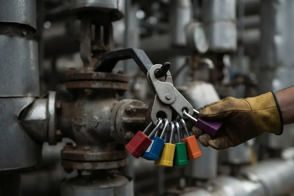 A close view of a multi-lock hasp fitted through the handle of a large isolation valve carrying several padlocks of different colours, with a gloved hand entering the frame to check that it is secure and insulated pipework out of focus behind.