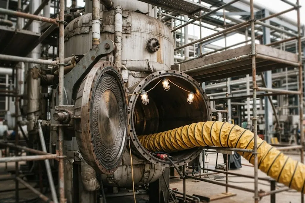 An opened pressure vessel manway during a turnaround, the heavy bolted cover swung aside on its davit arm with the gasket face exposed, scaffolding erected around the vessel, a string of inspection lights hung inside and yellow ventilation ducting running in through the opening.