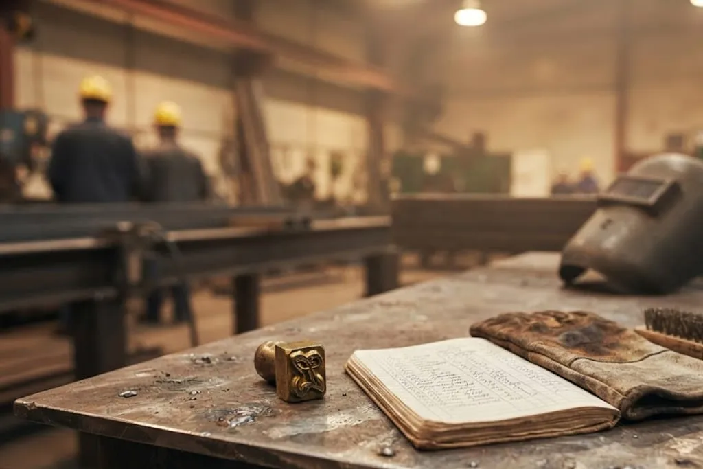 A welder's brass stamp standing on end on a steel workbench, catching the light on its engraved face, beside a worn bound record book lying open at a ruled page of handwritten entries. A scorched leather welding glove and a wire brush lie alongside, with a welding mask resting at the back of the bench and a workshop beyond.